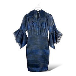 Badgley Mischka Blue Black Sheer Striped Trumpet-Sleeve Cocktail Evening Dress 0